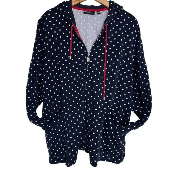 Susan Graver Weekender 1X navy & white polka dots hooded sweat jacket Preppy - Picture 1 of 6